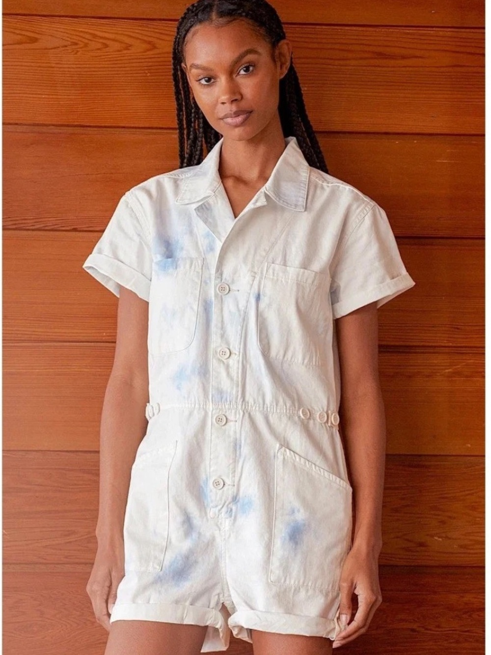 Pistola - Parker Short Sleeve utility Romper white and blue tie dye size XS